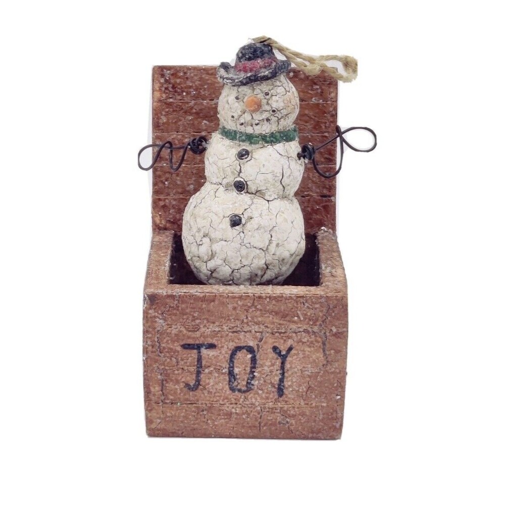 Vintage Jack In the Box Snowman "JOY" Christmas Tree Ornament 3.5" Holiday Decor